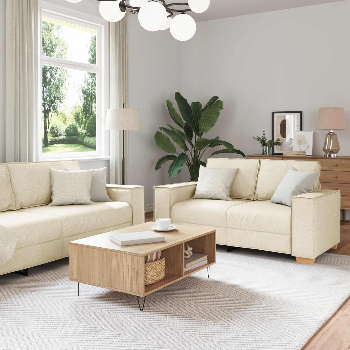 Sofa 2 pcs Bež 220 x 80 x 84 cm Platnasta tkanina