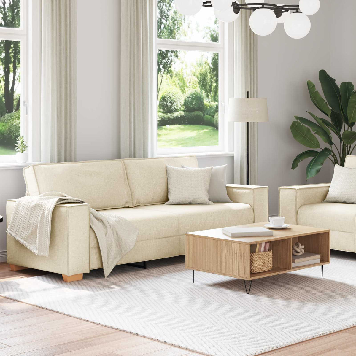 Sofa 2 pcs Bež 220 x 80 x 84 cm Platnasta tkanina
