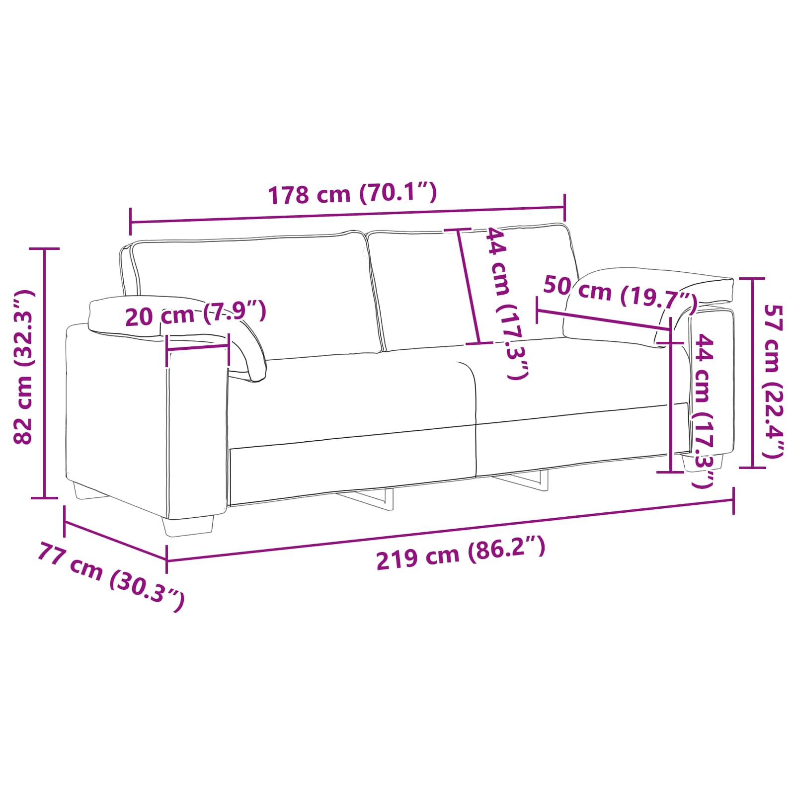 Sofa 2 pcs Crna 219 x 80 x 82 cm tkanina