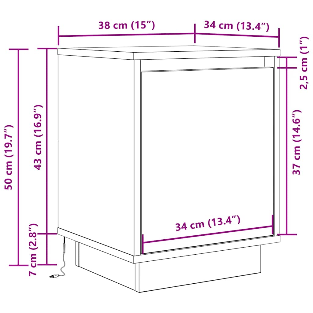Noćni ormarić s LED svjetlima smeđi hrast 38x34x50 cm