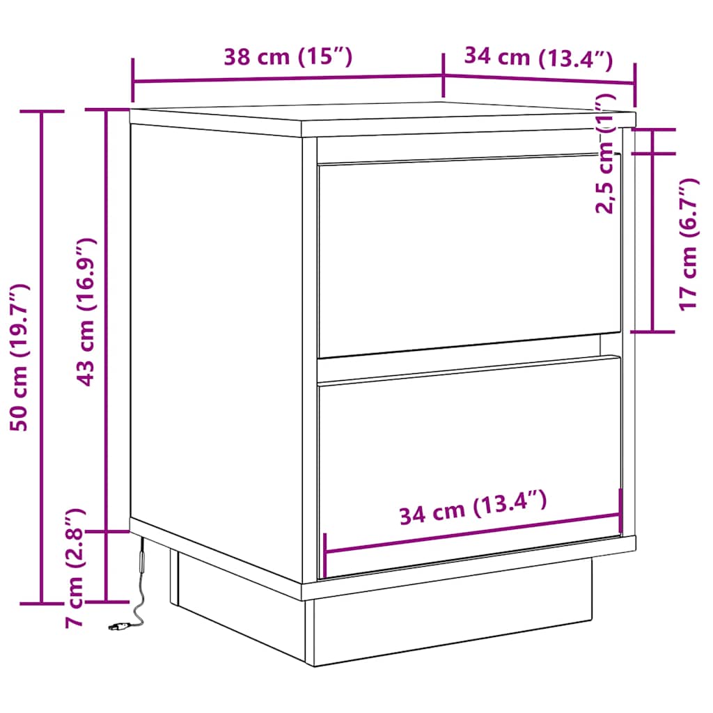 Noćni ormarići s LED svjetlima 2 kom boja hrasta 38x34x50 cm
