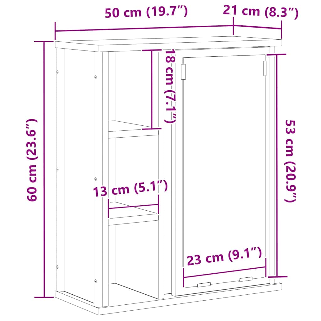Kupaonski zidni ormarić s ogledalom dimljeni hrast 50x21x60 cm