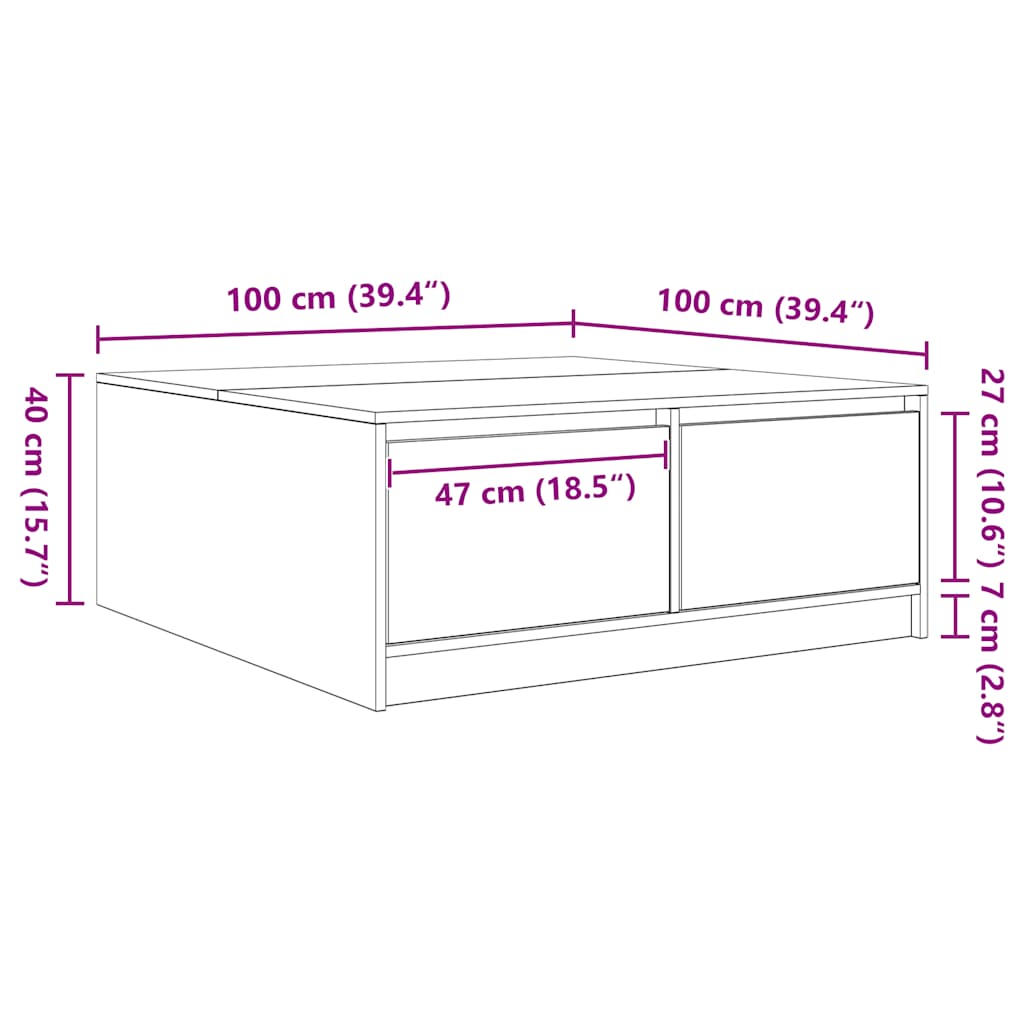 stol za kavu s ladicama sivog sonome 100x100x40 cm