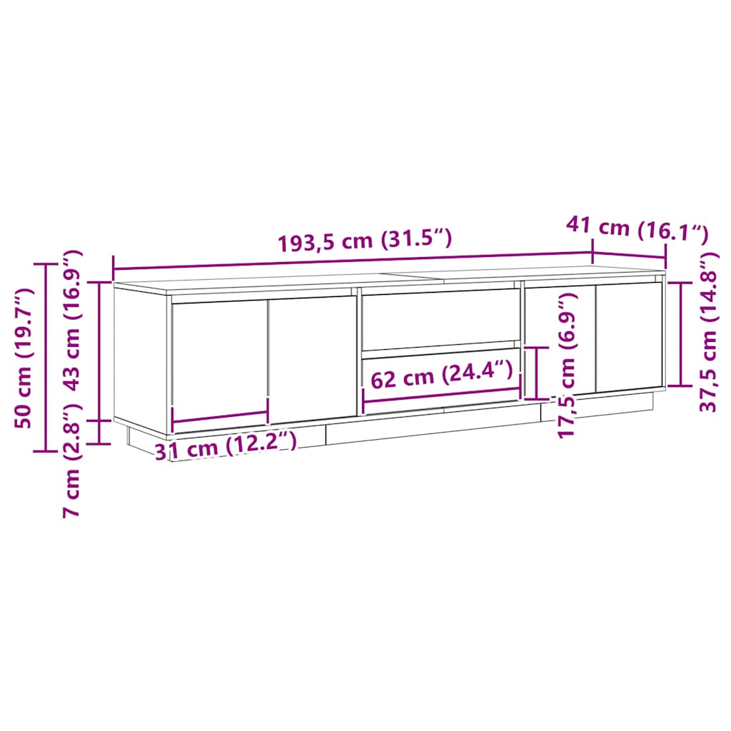 TV ormarić s LED svjetlima siva boja betona 193,5x41x50 cm