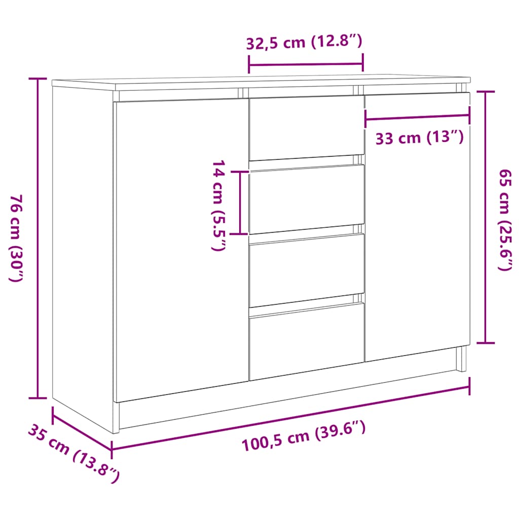 Komoda s ladicama bijela 100,5x35x76 cm konstruirano drvo