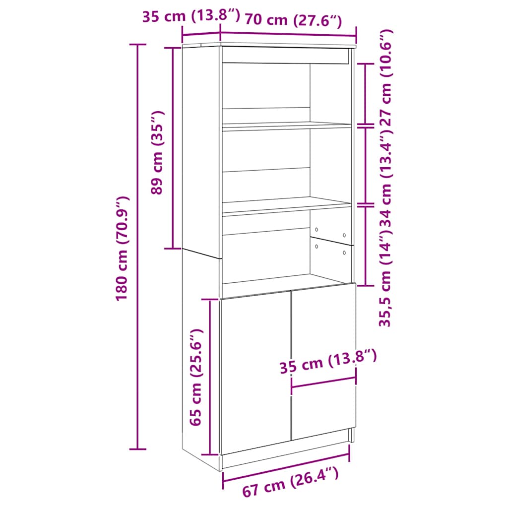 Visoka komoda dimljeni hrast 70x35x180 cm konstruiranog drva