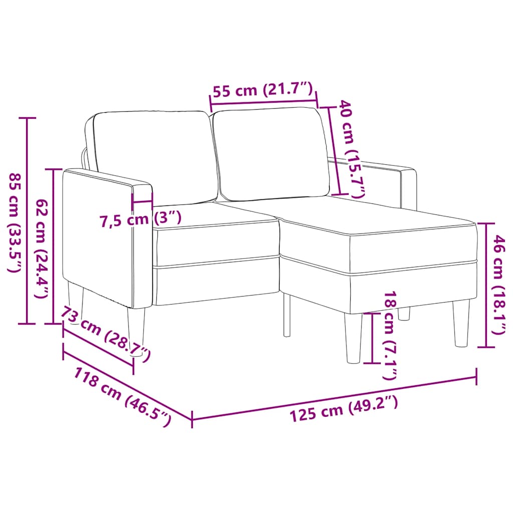 Sofa 2-sjed s ležaljkom u obliku slova L vino crveno 125 cm