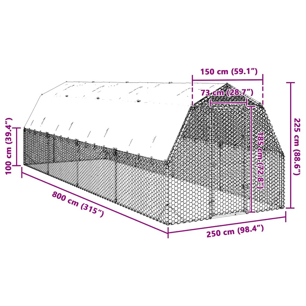 Kavez za kokoši s krovom 2,5x8x2,25 m pocinčani čelik