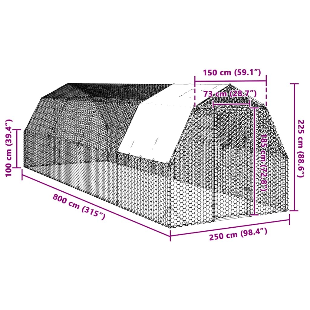 Kavez za kokoši s krovom 2,5x8x2,25 m pocinčani čelik