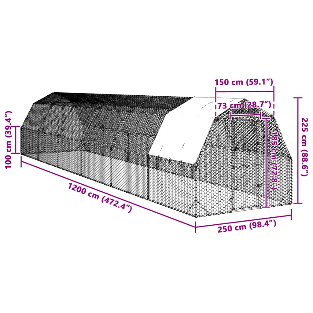 Kavez za kokoši s krovom 2,5x12x2,25 m pocinčani čelik