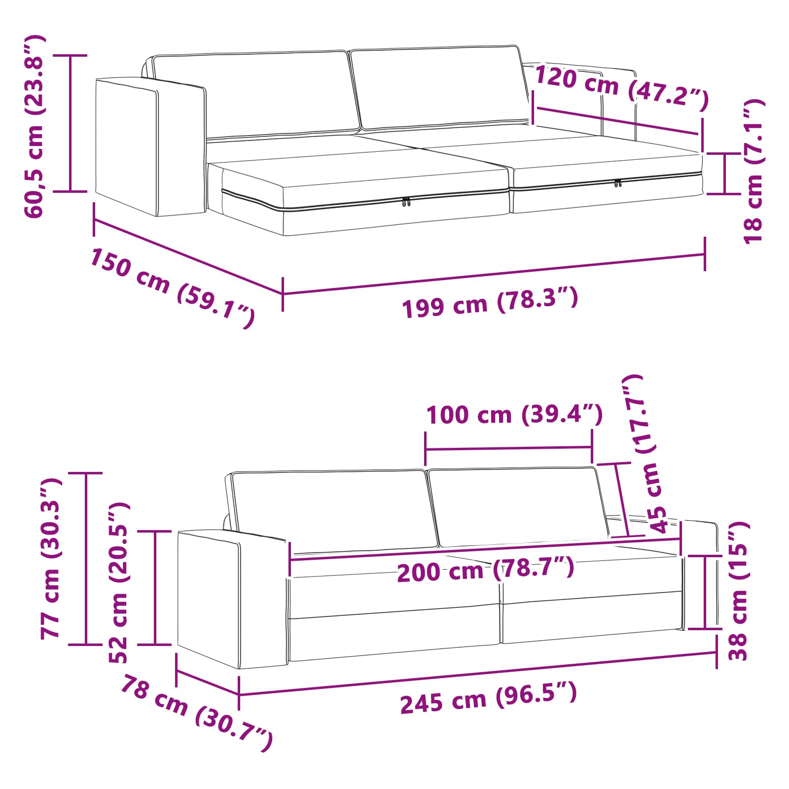 Krevet na razvlačenje Oblačnosiva 245 x 78 x 77 cm tkanina