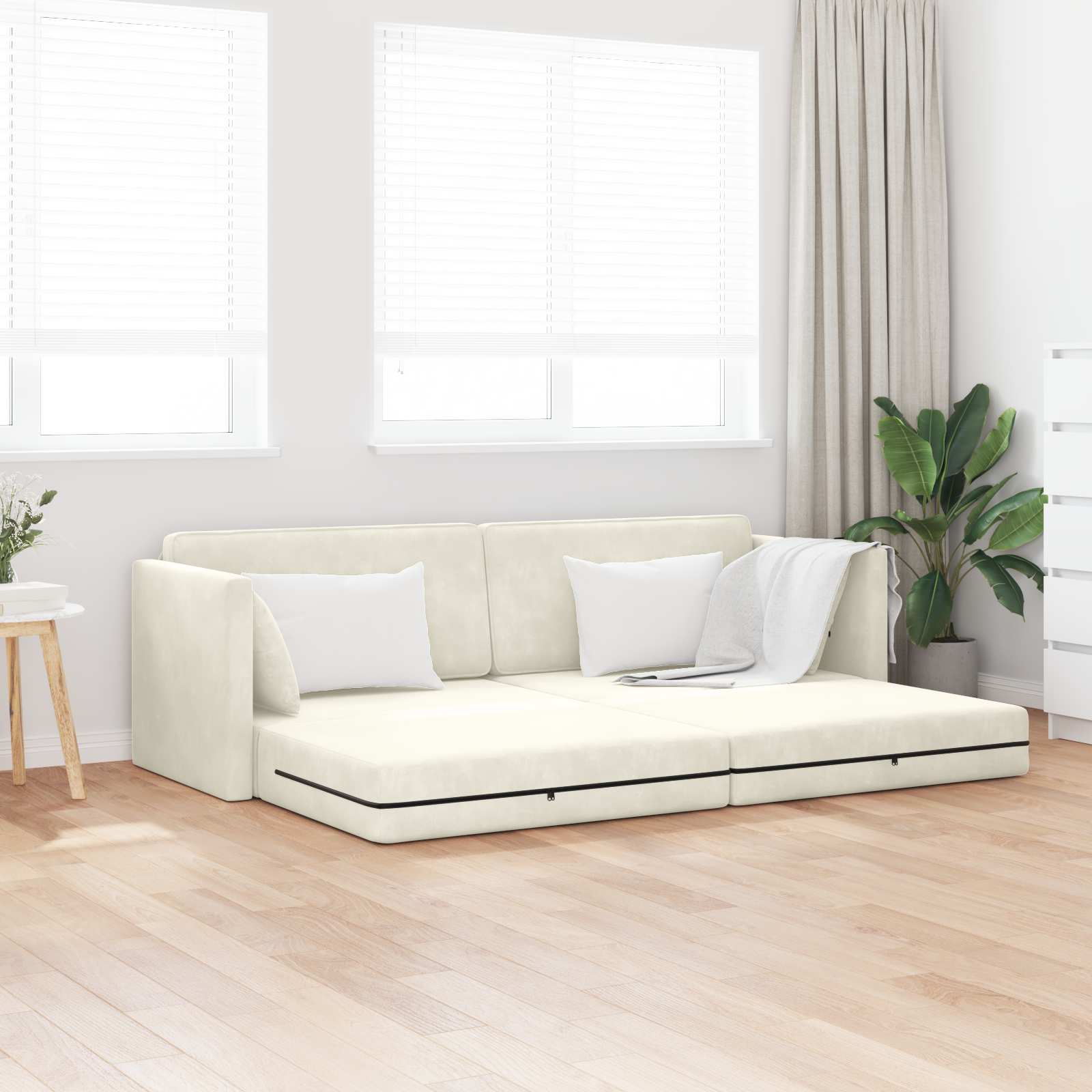 Podni kauč na razvlačenje Krema 213 x 70 x 77 cm Baršun
