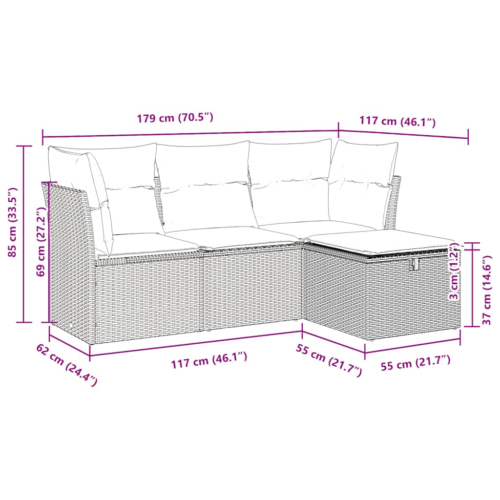 4-dijelni set vrtnih sofa od poliratana s jastucima sivi