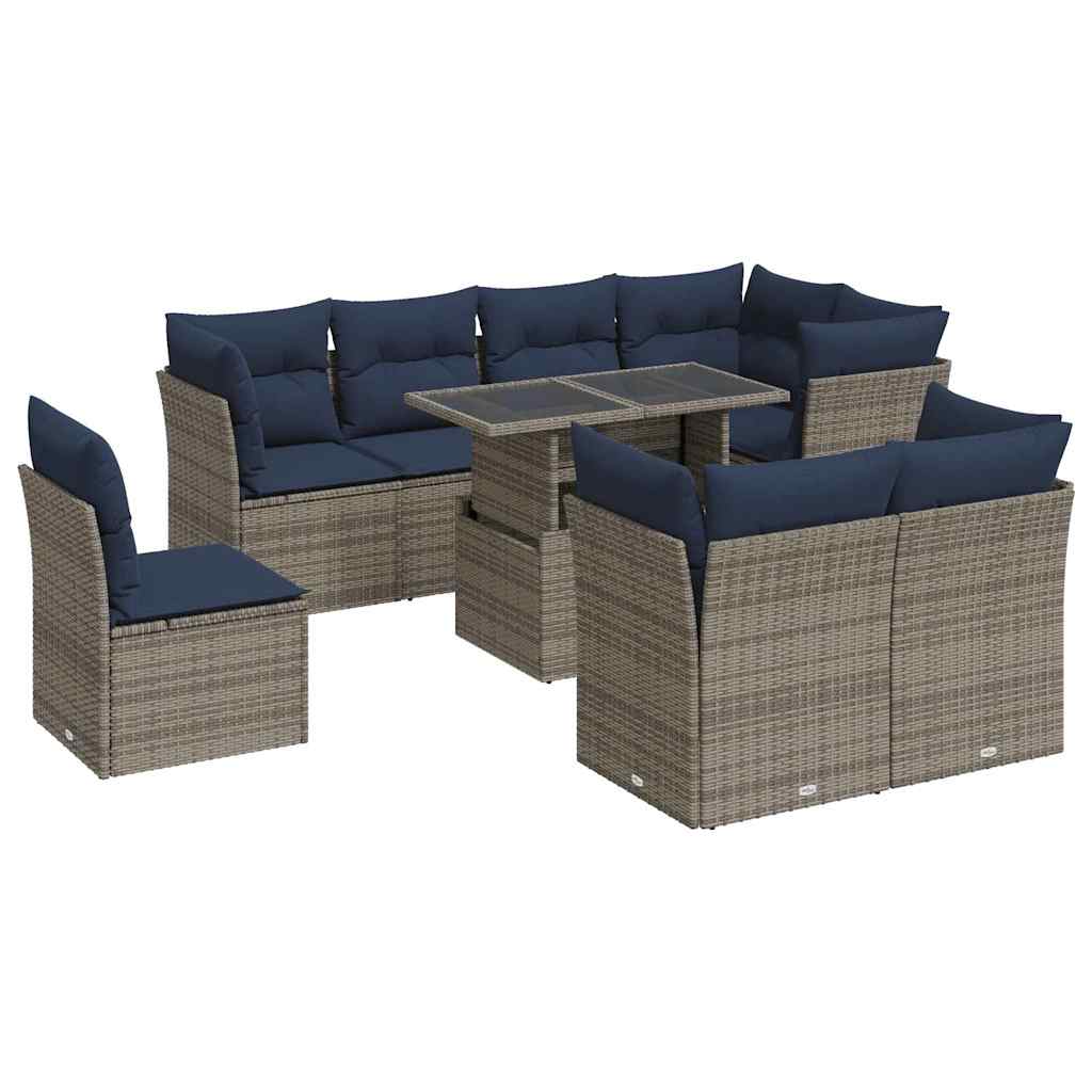 9-dijelni set vrtnih sofa poliratan i bagrem s jastucima sivi