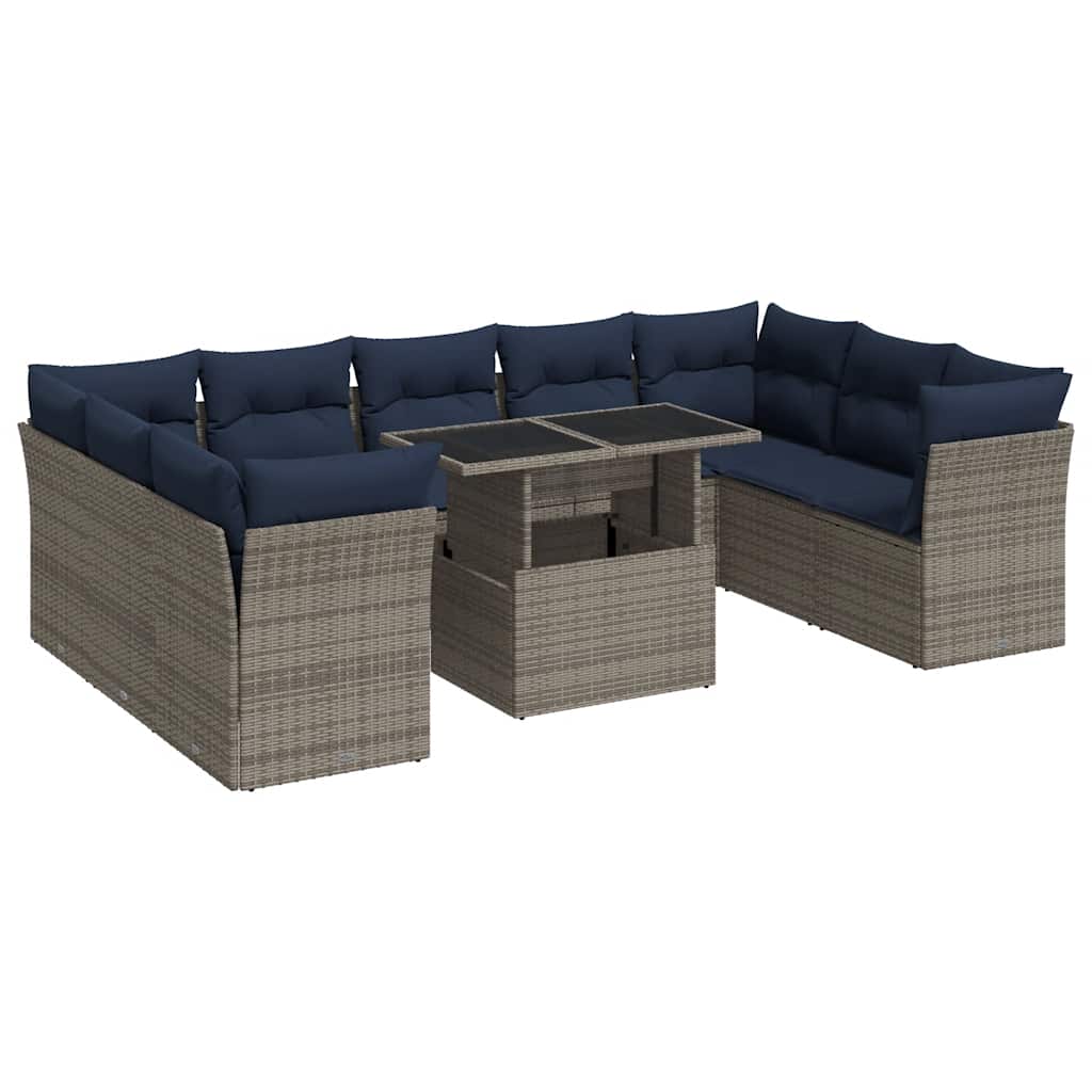 10-dijelni set vrtnih sofa poliratan i bagrem s jastucima sivi