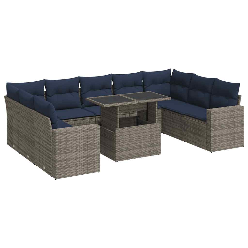 10-dijelni set vrtnih sofa poliratan i bagrem s jastucima sivi
