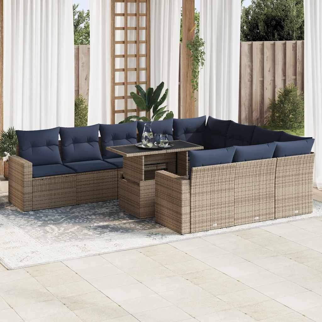 11-dijelni set vrtnih sofa poliratan i bagrem s jastucima sivi