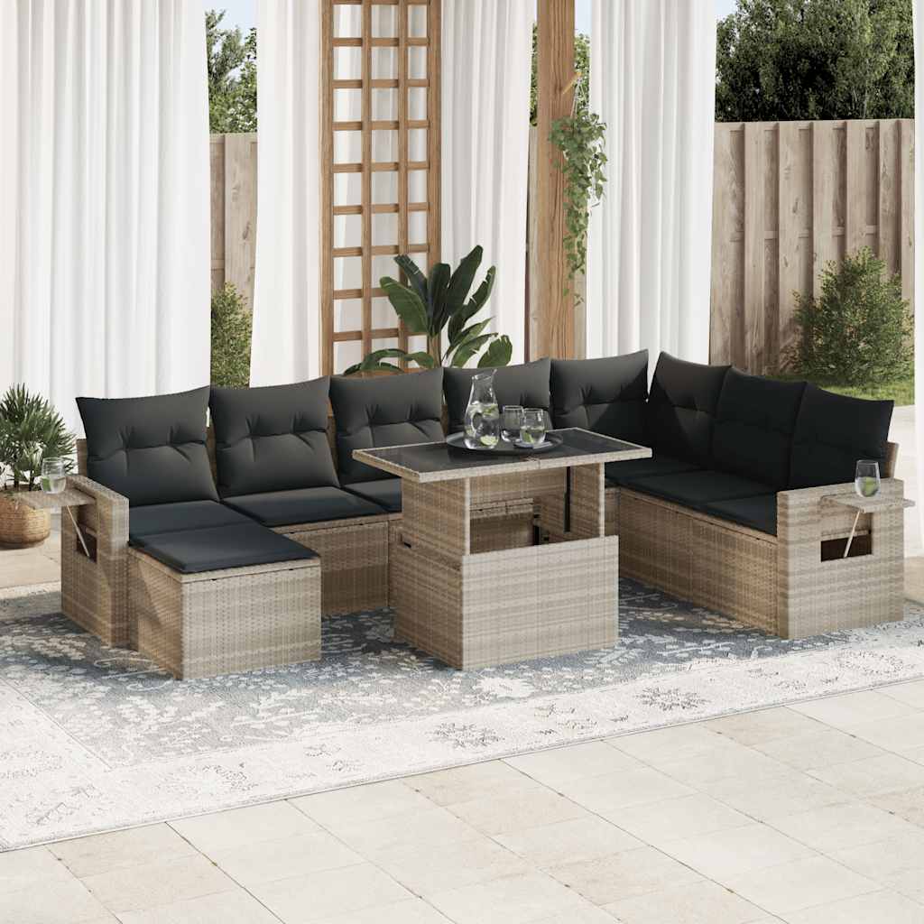 9-dijelni set vrtnih sofa od poliratana s jastucima svjetlosivi