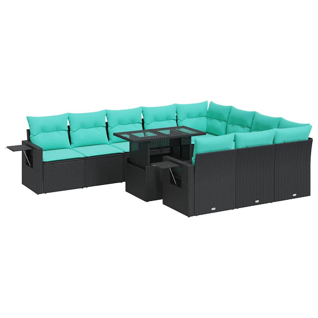 11-dijelni set vrtnih sofa poliratan i bagrem s jastucima crni