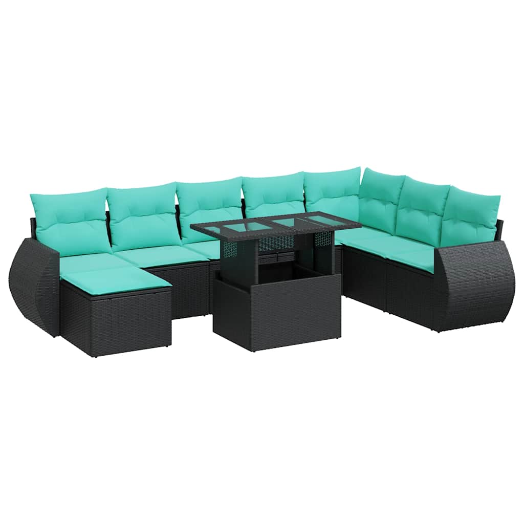 9-dijelni set vrtnih sofa poliratan i bagrem s jastucima crni