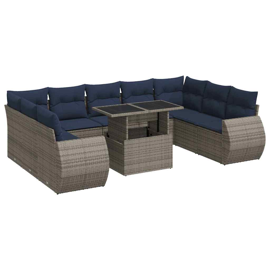 10-dijelni set vrtnih sofa poliratan i bagrem s jastucima sivi