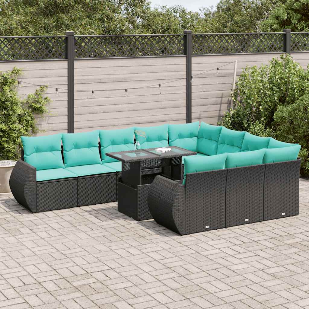 11-dijelni set vrtnih sofa poliratan i bagrem s jastucima crni