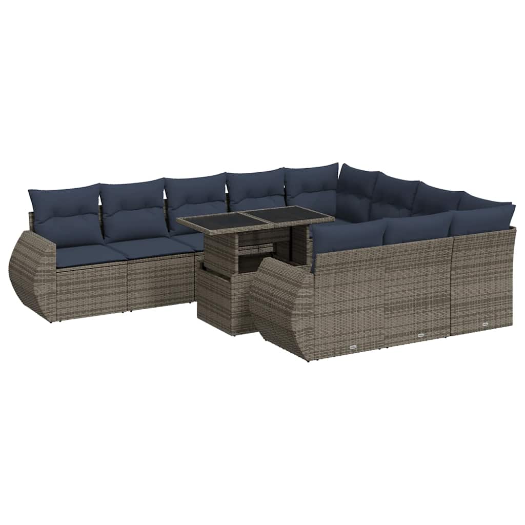 11-dijelni set vrtnih sofa poliratan i bagrem s jastucima sivi