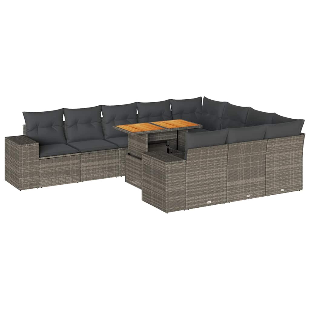 10-dijelni set vrtnih sofa poliratan i bagrem s jastucima sivi