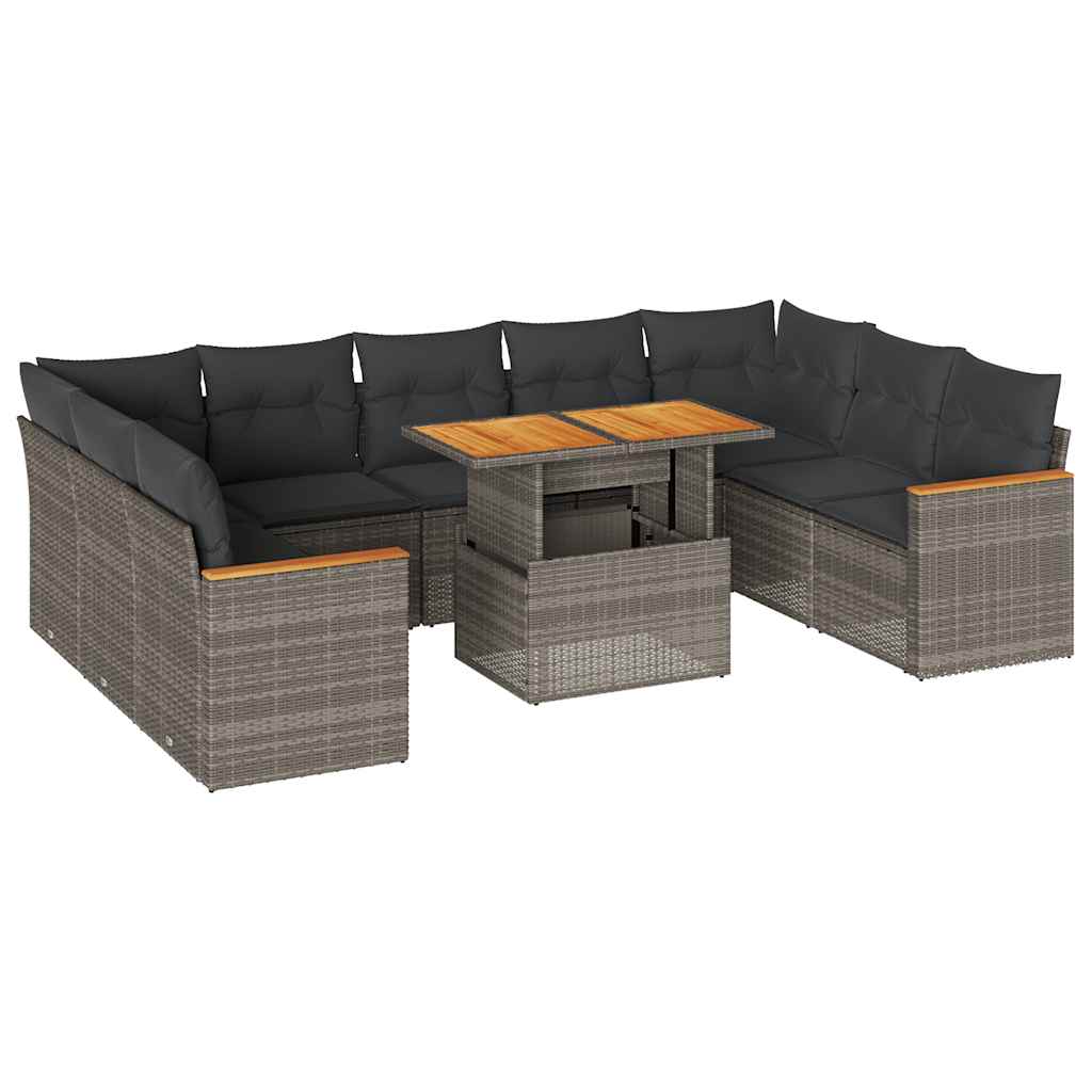 10-dijelni set vrtnih sofa poliratan i bagrem s jastucima sivi