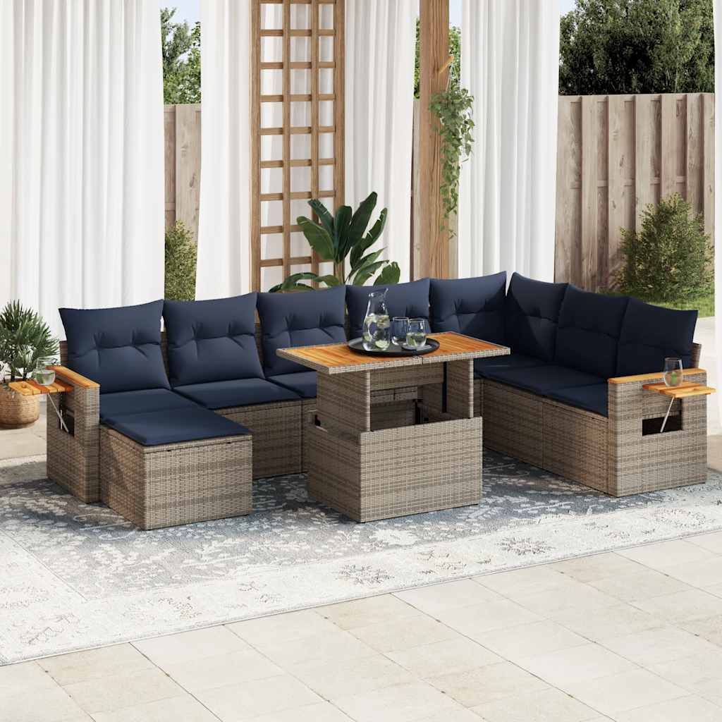 10-dijelni set vrtnih sofa poliratan i bagrem s jastucima sivi