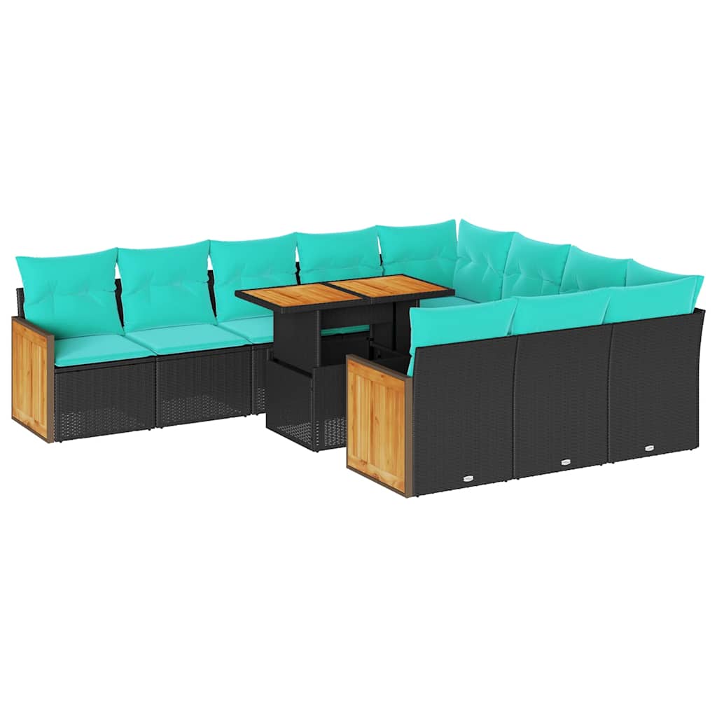 11-dijelni set vrtnih sofa poliratan i bagrem s jastucima crni