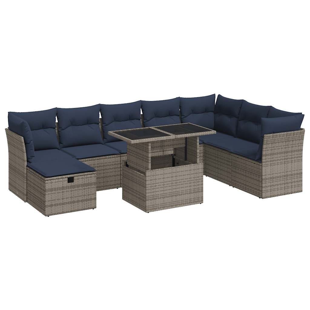 9-dijelni set vrtnih sofa poliratan i bagrem s jastucima sivi