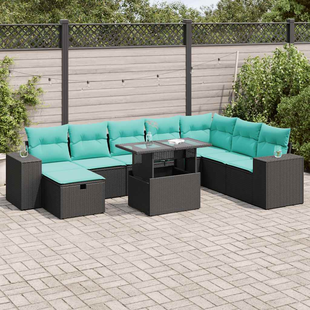 9-dijelni set vrtnih sofa poliratan i bagrem s jastucima sivi