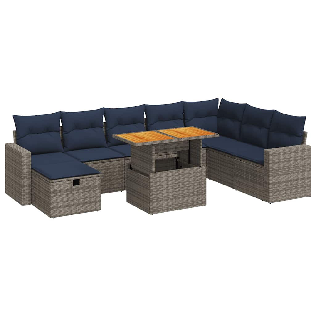 9-dijelni set vrtnih sofa poliratan i bagrem s jastucima sivi