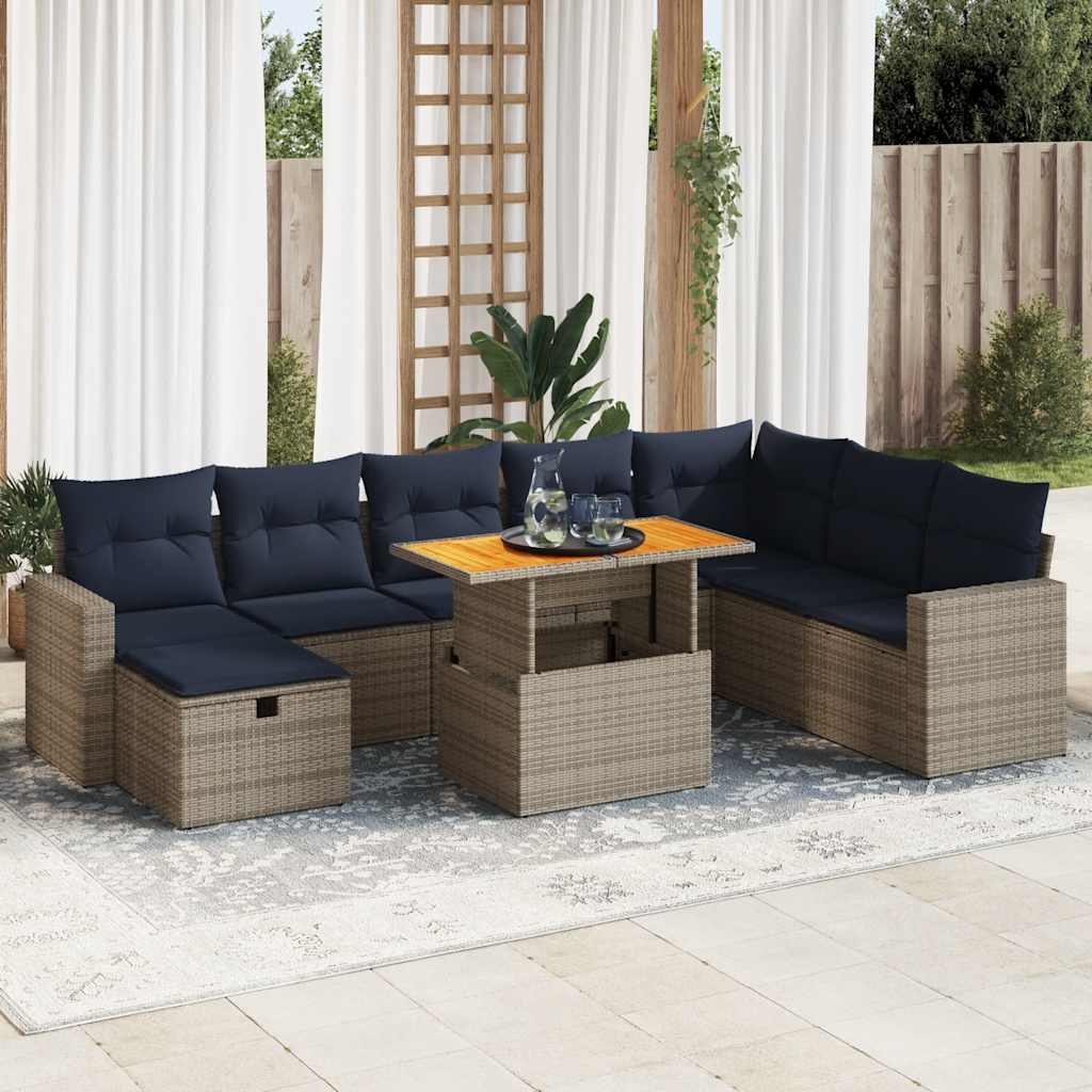 9-dijelni set vrtnih sofa poliratan i bagrem s jastucima sivi