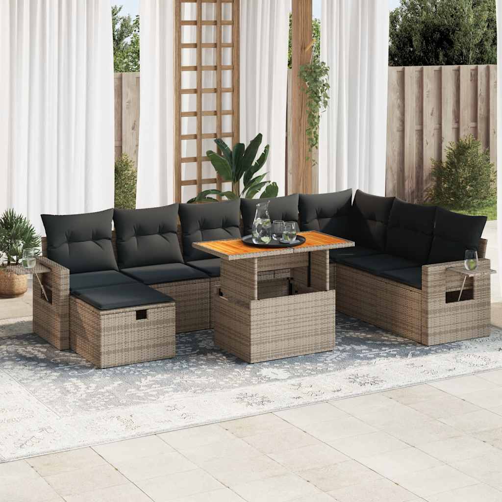 9-dijelni set vrtnih sofa poliratan i bagrem s jastucima sivi