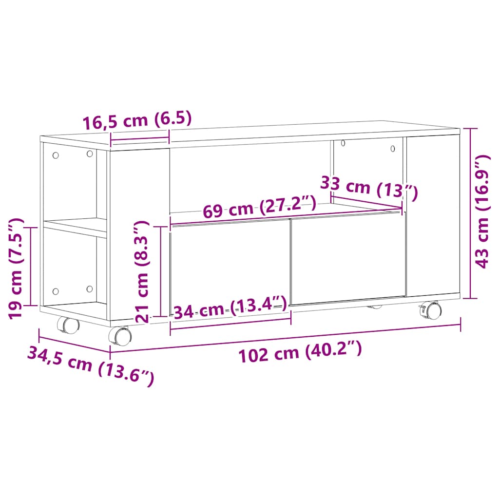 TV ormarić s kotačićima crni hrast 102x34,5x43 cm