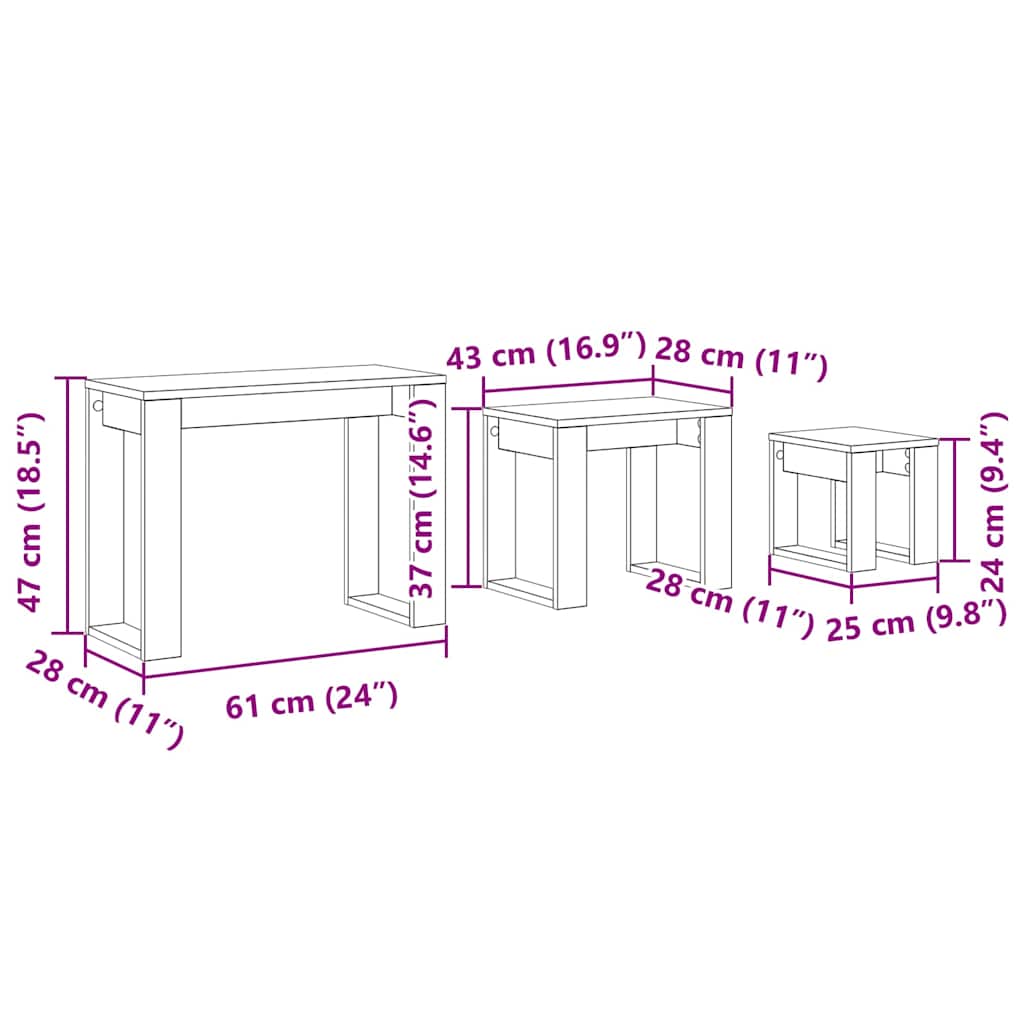Set stolića 3 pcs Crni hrast Konstruirano drvo