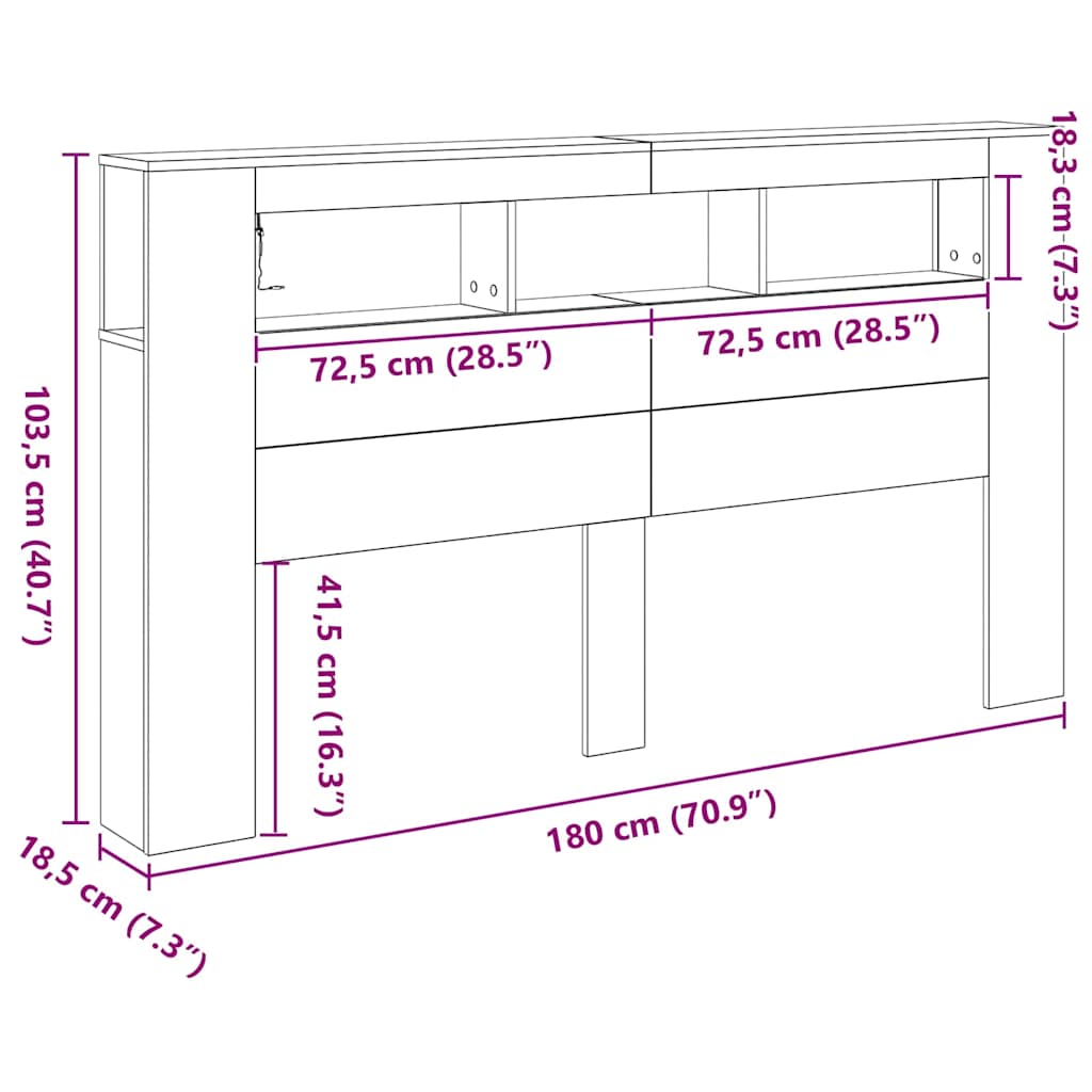 LED glava kreveta s policom Crni hrast 180 x 18,5 x 103,5 cm