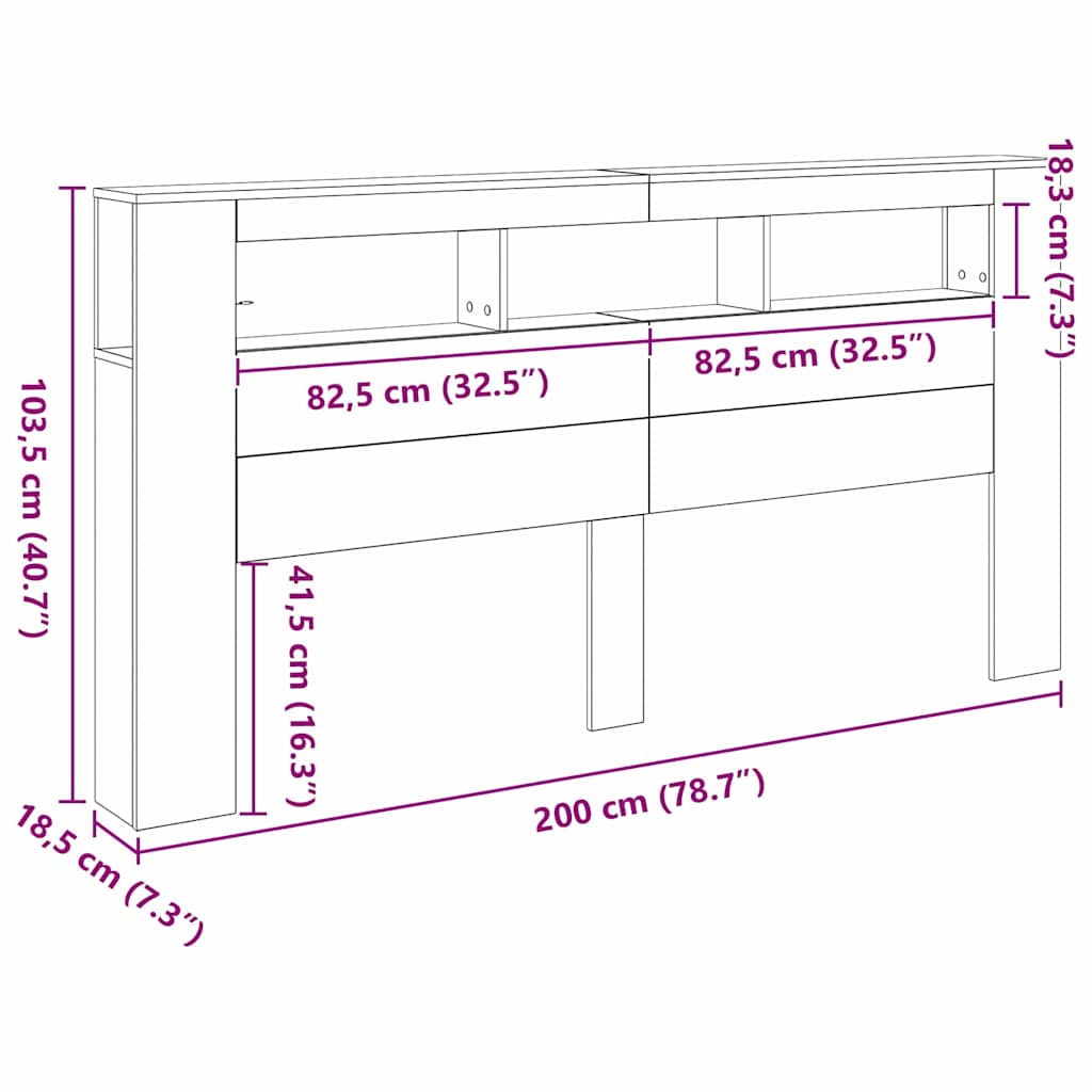 LED glava kreveta s policom Crni hrast 200 x 18,5 x 103,5 cm