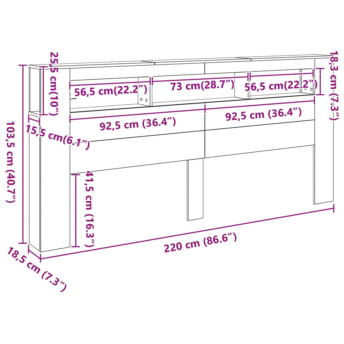 LED glava kreveta s policom Crni hrast 220 x 18,5 x 103,5 cm