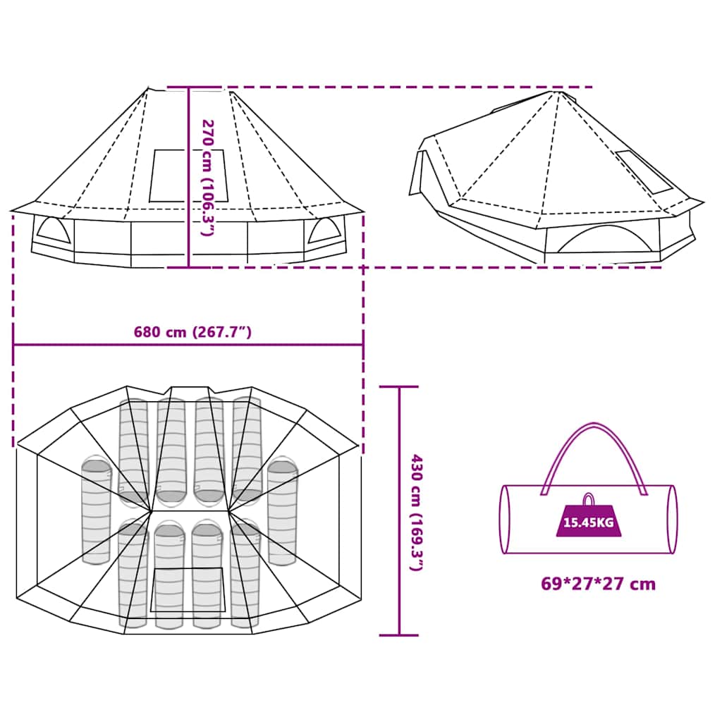 Tipi šator s krovom Siva i narančasta 680 x 430 x 270 cm taft