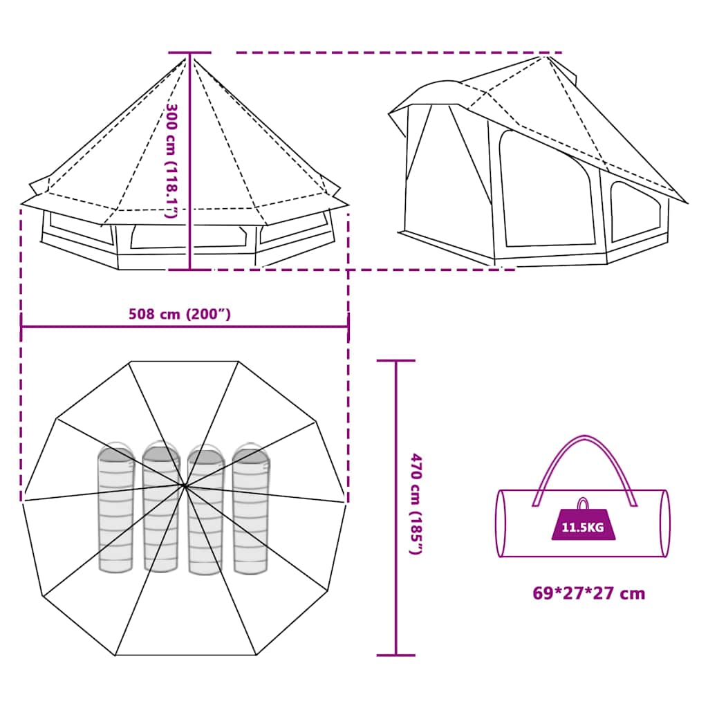 Tipi šator s krovom s pohranom Zelena 508 x 470 x 300 cm taft