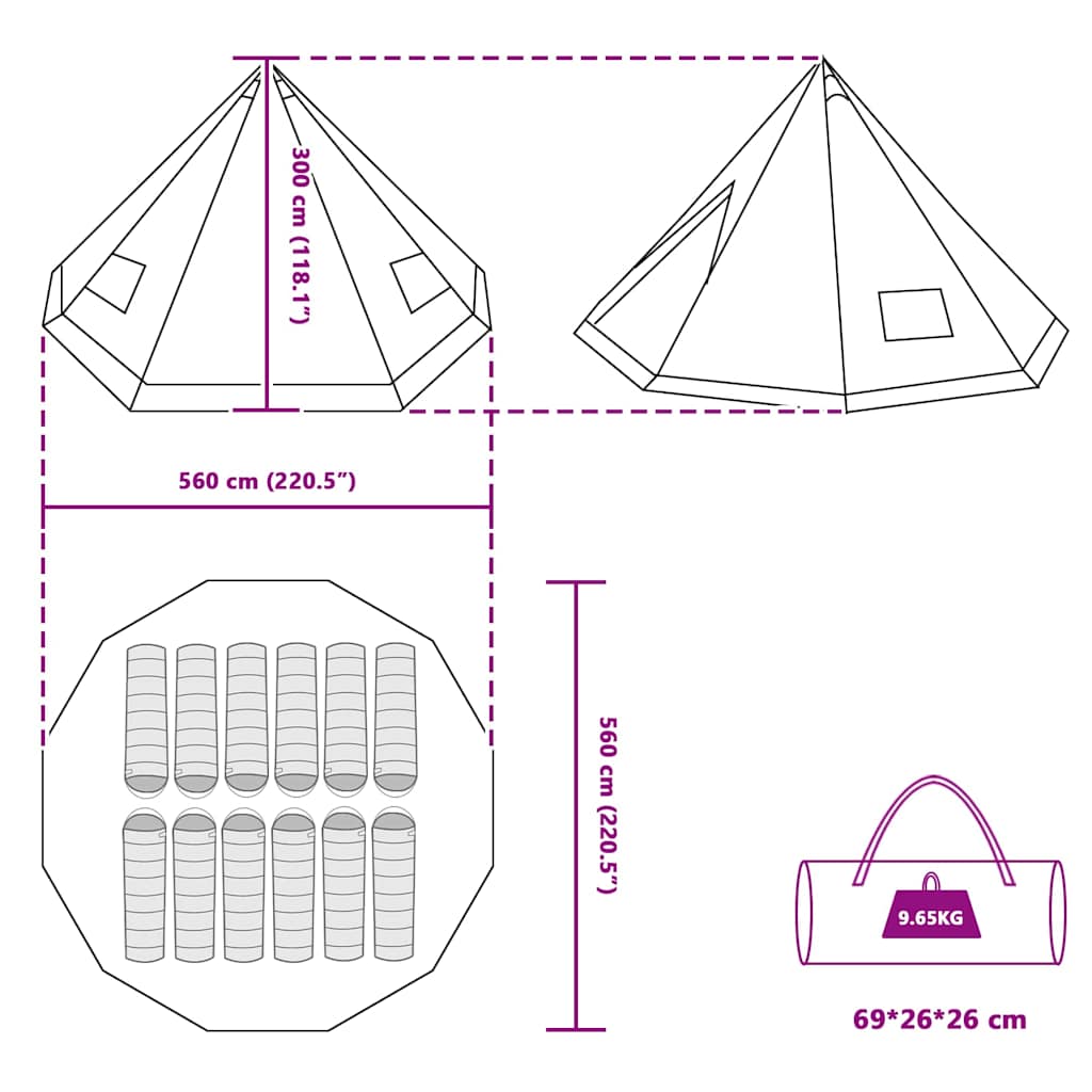 Tipi šator s krovom s pohranom Plava 560 x 560 x 300 cm taft