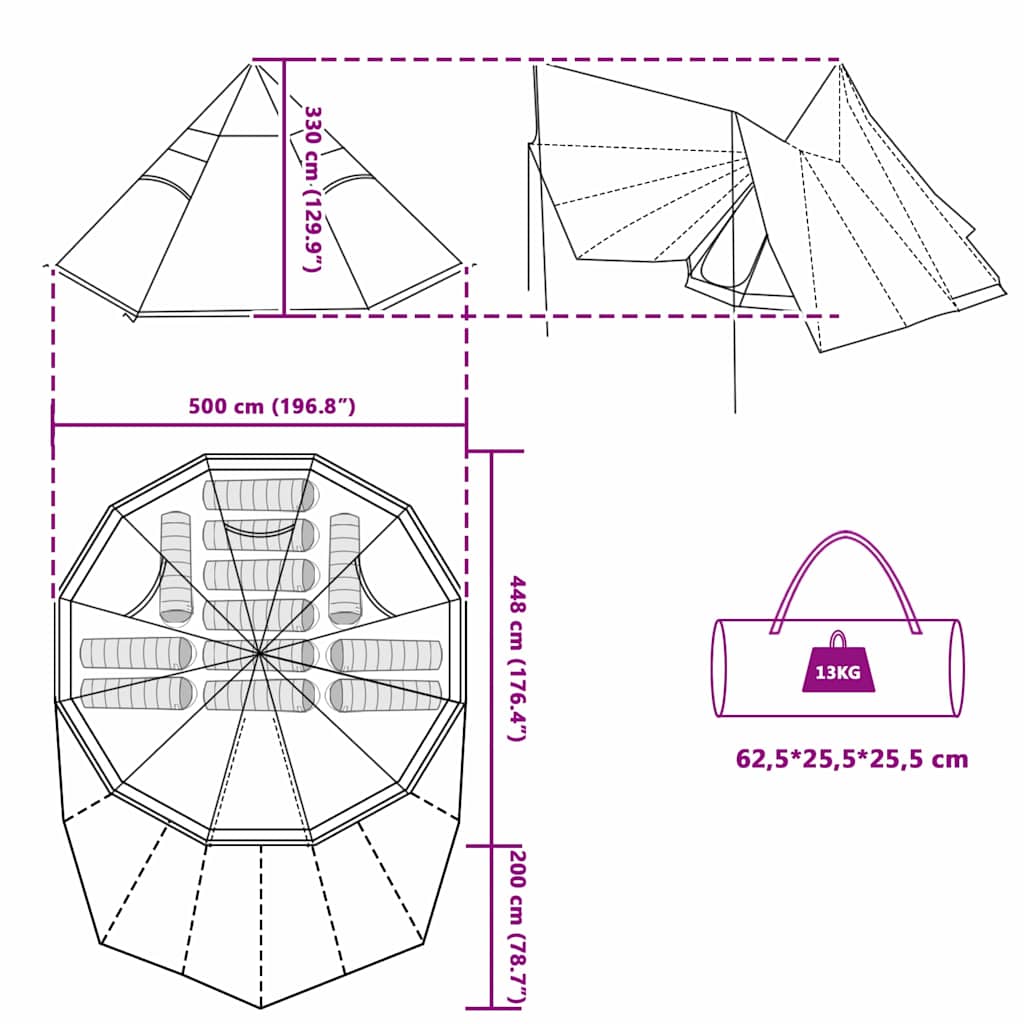Tipi šator s krovom s pohranom Plava 510 x 690 x 330 cm taft