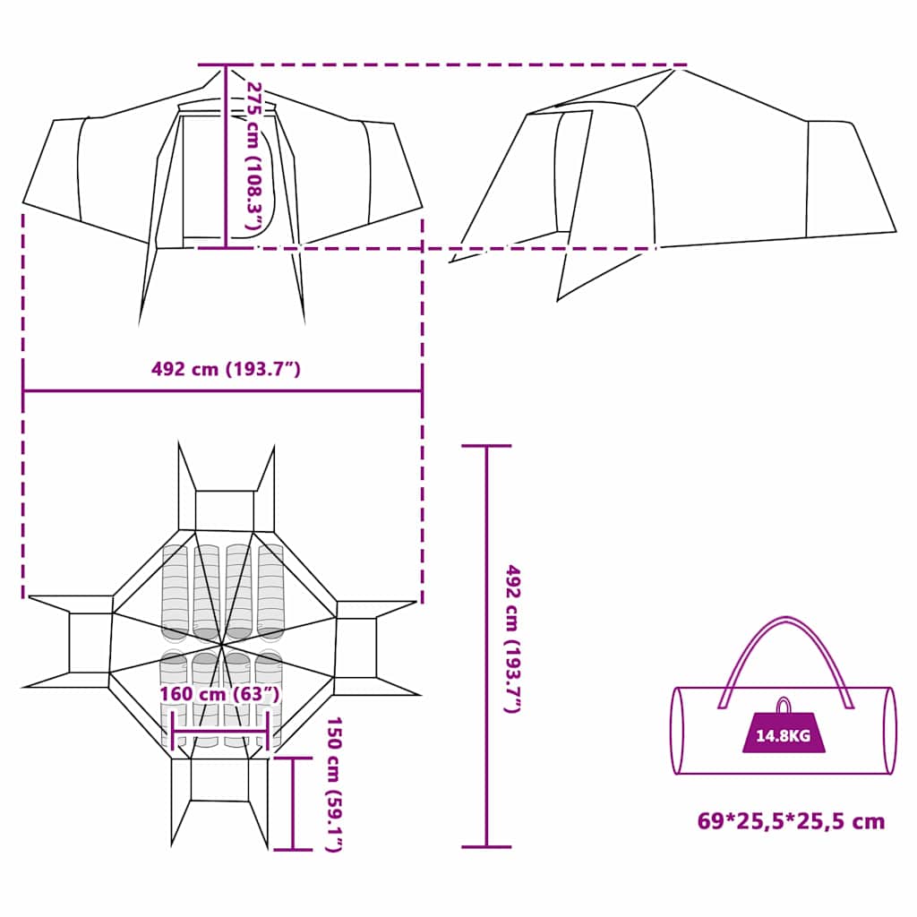 Tipi šator s krovom s pohranom Plava 492 x 492 x 275 cm taft