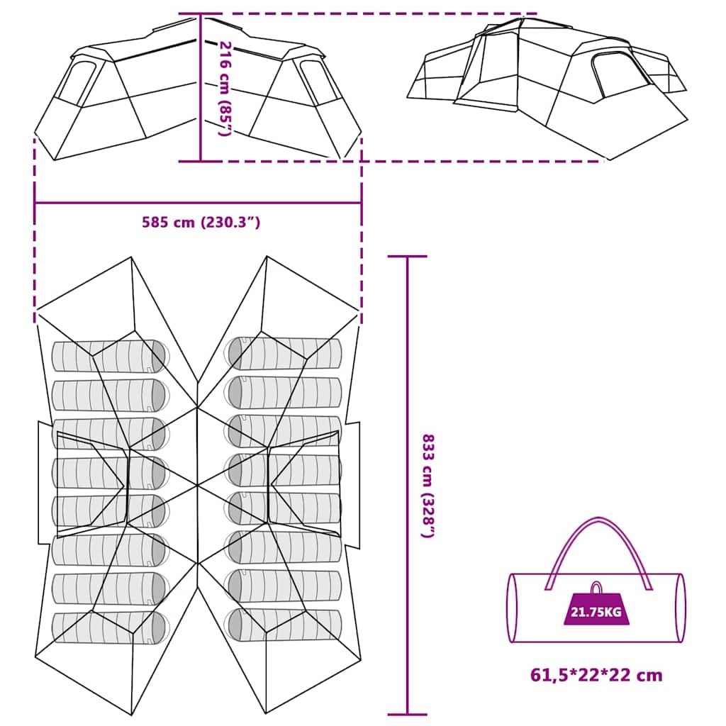 Obiteljski šator s krovom Plava 833 x 585 x 216 cm taft