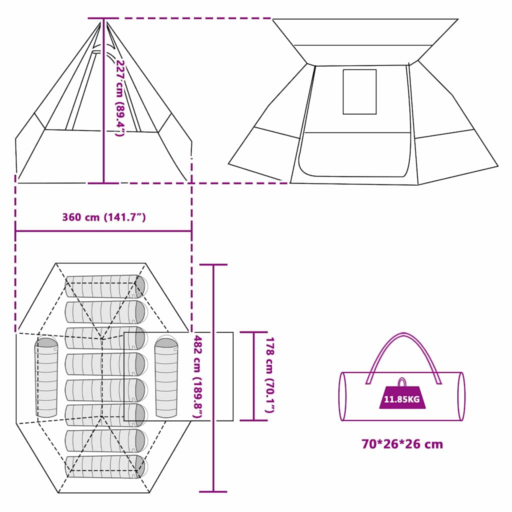 Kamping šator s krovom s pohranom Plava 482 x 360 x 227 cm taft