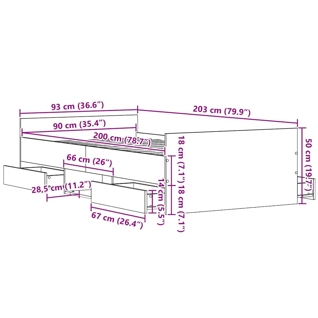 Krevetna konstrukcija s ladicama Crni hrast 203 x 93 x 50 cm