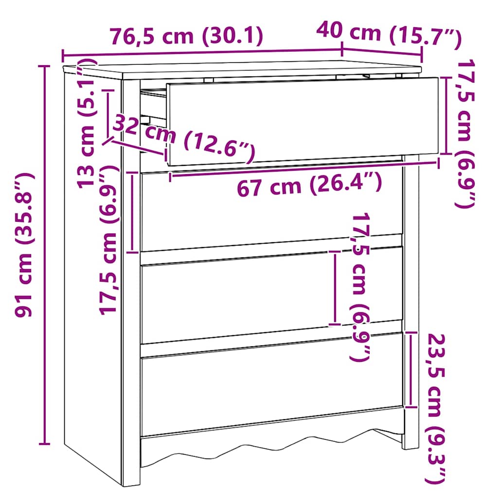 Komoda Drammen Bijelo 76,5 x 40 x 91 cm Čvrsto borovo drvo